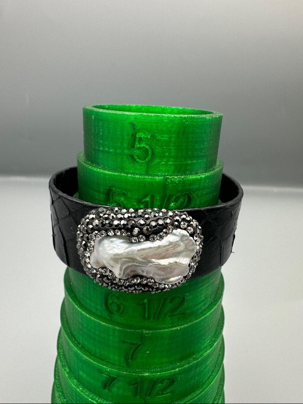 Black Leather Cuff Bracelet with Baroque Pearl and Crystal Accents - Picture 2 of 3